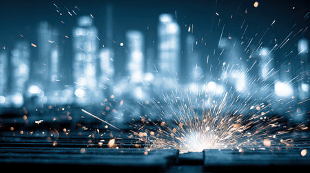 A stunning close-up of sparks erupting from metal work under a night sky, showcasing a blurred urban skyline. This image captures creativity and energy in industrial craftsmanship.の素材