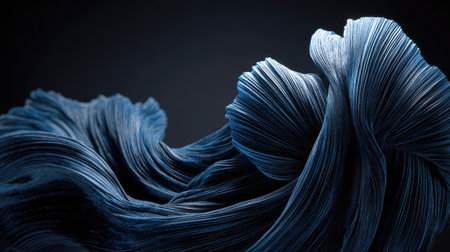 This abstract image showcases flowing blue textures resembling waves, evoking a sense of smooth motion and artistic elegance against a dark backdrop.の素材