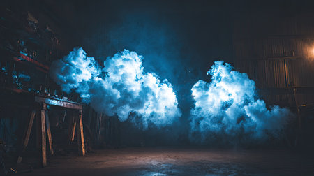This striking image features ethereal blue smoke clouds emerging in an industrial space, illuminated by dramatic lighting that enhances the atmosphere, creating a visually stunning scene.の素材