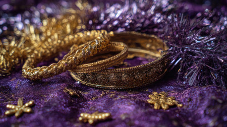 A stunning arrangement of golden bangles showcased on rich purple fabric, perfect for highlighting traditional jewelry in festive celebrations.の素材
