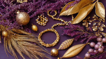 A stunning display of elegant golden jewelry and decorative items arranged on a rich purple background, perfect for festive projects and creative inspiration.の素材