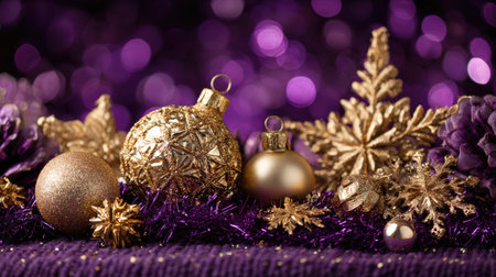 Delight in an artistic arrangement of gold and purple Christmas decorations featuring shimmering ornaments and intricate snowflakes. Perfect for festive themes.の素材