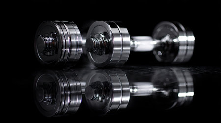 This striking image features a polished steel dumbbell resting on a reflective surface, ideal for showcasing fitness themes and promoting strength training.の素材