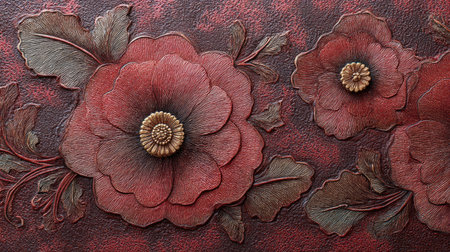 A striking artwork featuring a textured red floral relief, showcasing intricate details of blossoms and leaves. Ideal for decor and design inspiration.の素材