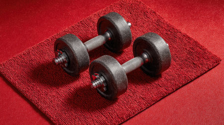 A pair of dark dumbbells rests comfortably on a vibrant red surface, symbolizing strength training and fitness. Perfect for workout themes.の素材