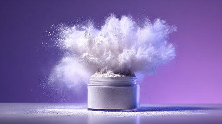 A captivating image of a powder explosion from an open container creates vibrant clouds against a colorful background, highlighting artistic motion and texture.の素材