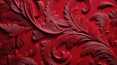 This image showcases a stunning red background featuring intricate leaf patterns that create a rich textured look, perfect for luxury decor projects.の素材