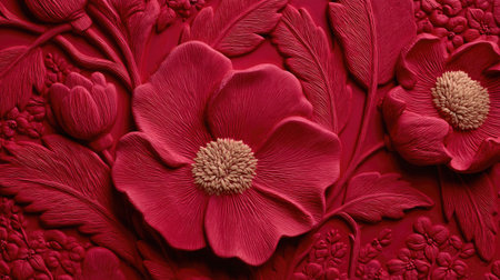 This stunning red floral relief artwork features intricately crafted petals and leaves, creating a vibrant and elegant backdrop. Perfect for home decor.の素材