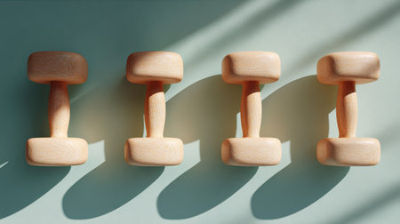 A minimalistic arrangement of wooden dumbbells on a soft green surface, showcasing their elegant design and gentle shadows for a serene fitness atmosphere.の素材