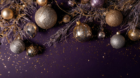 This visually striking image features elegant holiday decorations with shiny ornaments, golden accents, and sparkling elements against a rich purple backdrop. Perfect for capturing the festive spirit!の素材