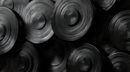 An artistic composition featuring black vinyl records arranged in a striking circular pattern, emphasizing texture and form against a dark background.の素材