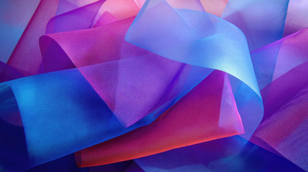 This image showcases a collection of colorful translucent fabrics in purple, pink, and blue, creating a visually stunning and artistic background for creative projects.の素材