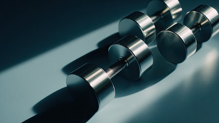 This image features a set of sleek, modern dumbbells captured in soft lighting, emphasizing their metallic finish and the shadows they cast. Perfect for fitness and wellness themes.の素材