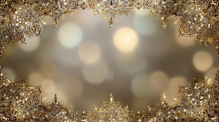 This elegant decorative frame features golden intricate designs against a soft sparkling bokeh background, perfect for invitations and celebrations.の素材
