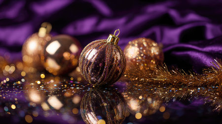 This stunning image features elegant Christmas ornaments scattered over a shimmering surface with a rich purple backdrop. The reflection adds depth and charm to holiday celebrations.の素材
