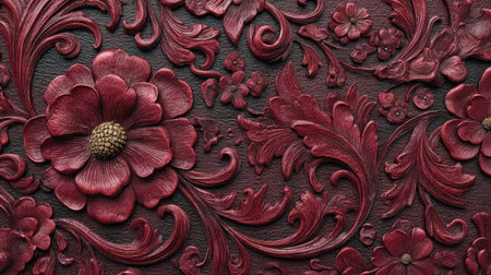 This stunning relief design features intricately carved red flowers and elegant swirls on a dark background, perfect for artistic projects and textures.の素材