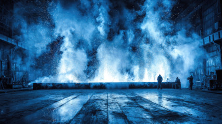 A stunning industrial scene featuring rich blue lighting and dramatic smoke effects. Workers engage with sparkling materials, creating an intense atmosphere.の素材