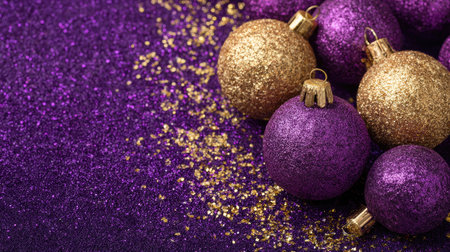 This image features sparkling glittering Christmas ornaments in purple and gold resting on a vibrant purple surface, perfect for festive decorations.の素材