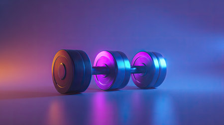 A glossy dumbbell is showcased against a colorful gradient background, capturing the essence of fitness and strength training in an artistic style.の素材