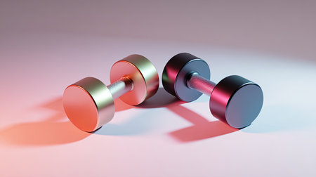 This image features a pair of modern dumbbells on a sleek surface, illuminated by vibrant lighting. Ideal for fitness and wellness concepts.の素材
