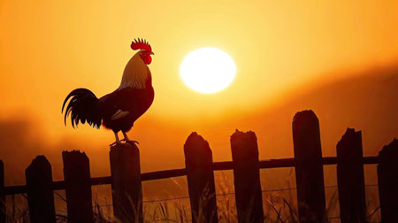 A majestic rooster stands proudly on a fence post as the sun rises behind it, casting a stunning silhouette against a warm golden sky. Ideal for nature lovers.の素材