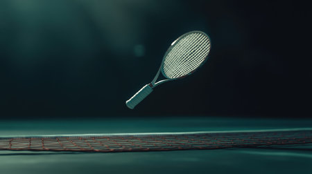 A sleek tennis racket hovers gracefully above a court, surrounded by soft lighting and gentle shadows, perfect for sports-themed projects and creative displays.の素材