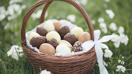 A beautifully woven basket filled with an assortment of chocolate eggs rests on lush green grass, creating a picturesque spring scene perfect for Easter celebrations.の素材