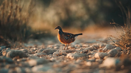 A solitary bird stands on a rocky path bathed in warm sunset light, highlighting the intricate details of its feathers and the serene environment around it.の素材