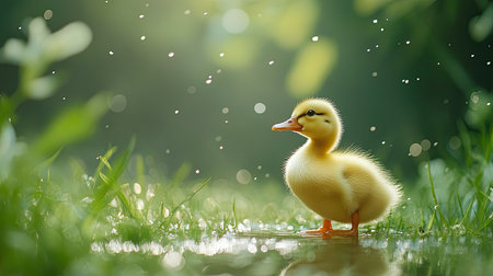 Cute yellow duckling standing in lush green grass under soft rainlight, creating a serene and dreamy atmosphere in nature with droplets sparkling.の素材
