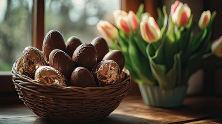 This serene image captures a basket filled with chocolate eggs next to a vibrant bouquet of tulips, perfect for spring celebrations and festive decor.の素材