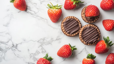 A delectable arrangement of fresh strawberries paired with rich chocolate cookies on a sleek marble background, ideal for dessert lovers and food art.の素材