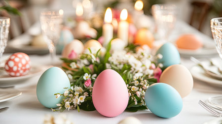 A beautifully arranged dining table featuring colorful Easter eggs surrounded by floral elements and candles, perfect for spring celebrations and gatherings.の素材