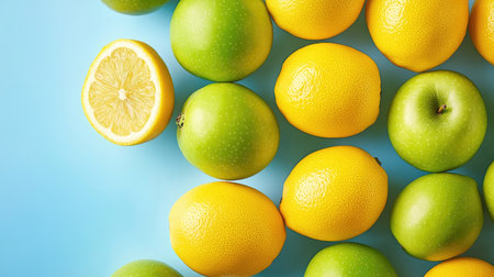 A vibrant assortment of fresh green apples and bright yellow lemons arranged on a light blue background, perfect for health and nutrition themes.の素材