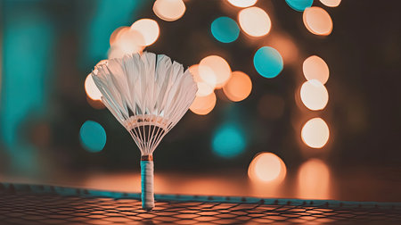 A stunning image of a professional badminton shuttlecock placed elegantly in front of a vibrant bokeh background, creating an artistic and dynamic atmosphere.の素材