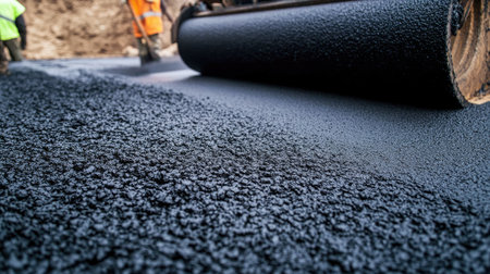 This image captures the detailed process of asphalt paving, showcasing a heavy roller applying fresh asphalt on a construction site with skilled workers.の素材
