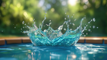 A captivating image of water splashing in a swimming pool captures the essence of summer fun and tranquility. The vibrant blue water contrasts beautifully with the lush greenery in the background, evoking a sense of relaxation and enjoyment.の素材