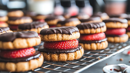 A mouthwatering display of chocolate-dipped strawberry and cookie treats arranged on a baking rack, showcasing layers of flavor and texture.の素材