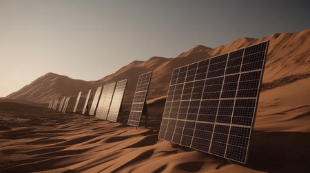 A stunning display of solar panels set against a breathtaking desert landscape during sunset, showcasing renewable energy technology in an arid environment.の素材