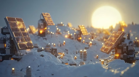 A serene snowy landscape features solar panels glowing softly in the fading sunlight, showcasing technology's harmony with nature and sustainability.の素材