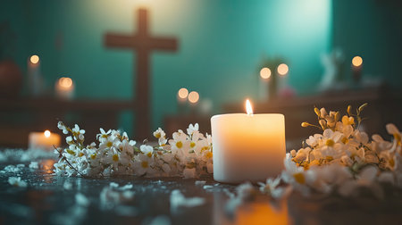 A tranquil candlelight scene features a glowing candle surrounded by delicate flowers, with a soft-focus cross in the background, evoking peace and reflection.の素材
