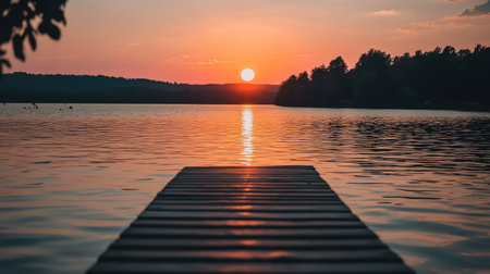 A peaceful sunset scene over a tranquil lake, featuring a wooden dock extending into the calm water, capturing the essence of nature's beauty.の素材