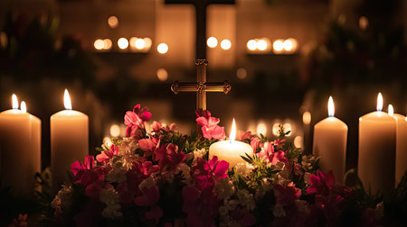 A beautifully arranged scene featuring a cross, lit candles, and vibrant flowers, evoking a sense of peace and reflection in a serene atmosphere.の素材
