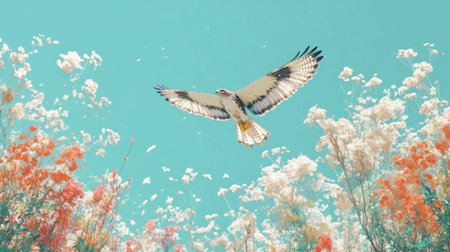 A breathtaking scene captures a bird in flight against a backdrop of colorful blossoms and a clear blue sky, embodying freedom and tranquility.の素材