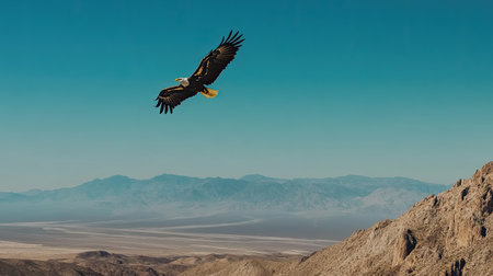 A stunning golden eagle glides gracefully across a clear blue sky, showcasing its powerful wings against a backdrop of a vast desert landscape and distant mountains.の素材