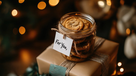 A charming glass jar filled with homemade cookies sits on a beautifully wrapped gift, illuminated by soft holiday lights, evoking warmth and joy.の素材