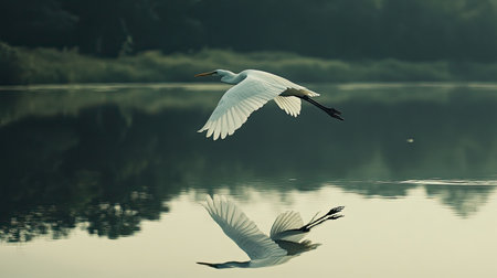 A magnificent great egret glides gracefully over still water, creating a stunning reflection in the early morning light, capturing nature's elegance.の素材