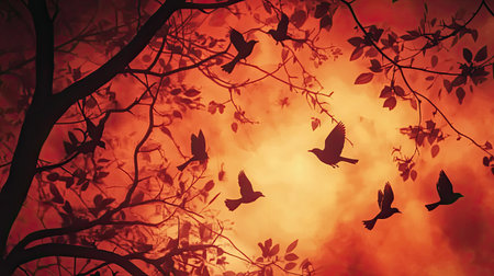 This captivating image displays a flock of birds silhouetted against a vibrant sunset sky, surrounded by branches and leaves, creating a serene atmosphere.の素材