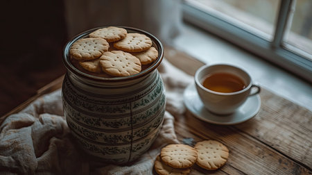 A charming scene featuring a jar filled with golden cookies beside a steaming cup of tea. Perfect for representing cozy moments and indulgent treats.の素材