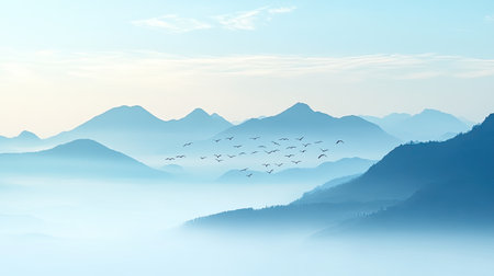 A breathtaking view of a serene mountain landscape featuring silhouettes of birds flying against a soft blue sky and gentle mist. The tranquil scene invites reflection and peace.の素材