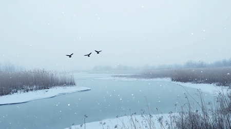 A tranquil winter scene with snow gently falling over a frozen river, accompanied by flying birds. The landscape features bare trees and tall reeds, creating a serene and peaceful atmosphere, perfect for nature lovers.の素材